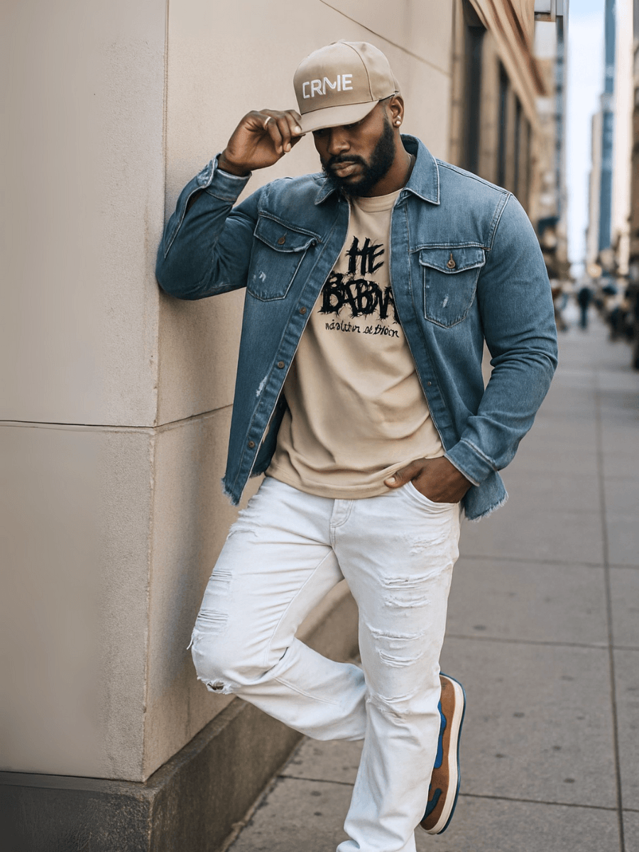 Man leaning against wall on city sidewalk, wearing denim jacket, beige hoodie, white pants, and cap, looking down.