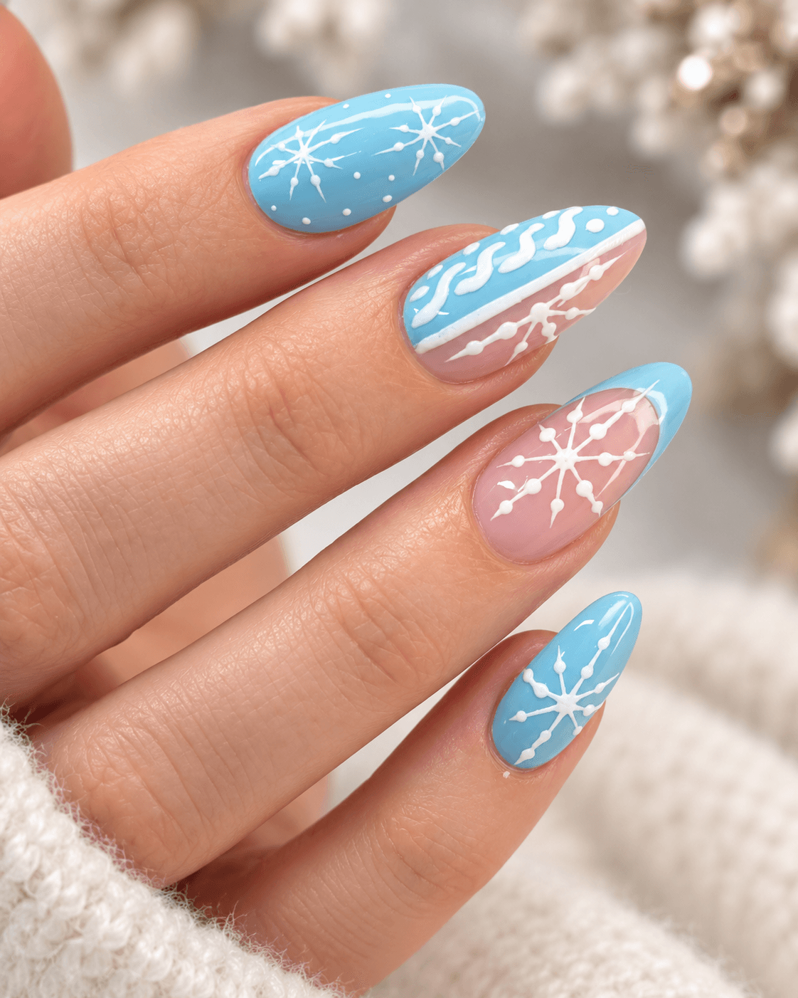 Hand with five nails painted in blue and pink, decorated with white snowflake and wave patterns, against a blurred background.