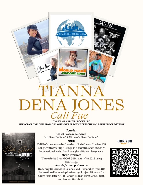 Collection of photographs, logos, and a book cover featuring a woman, cityscape, and event posters, with text about Tianna Denna Jones.