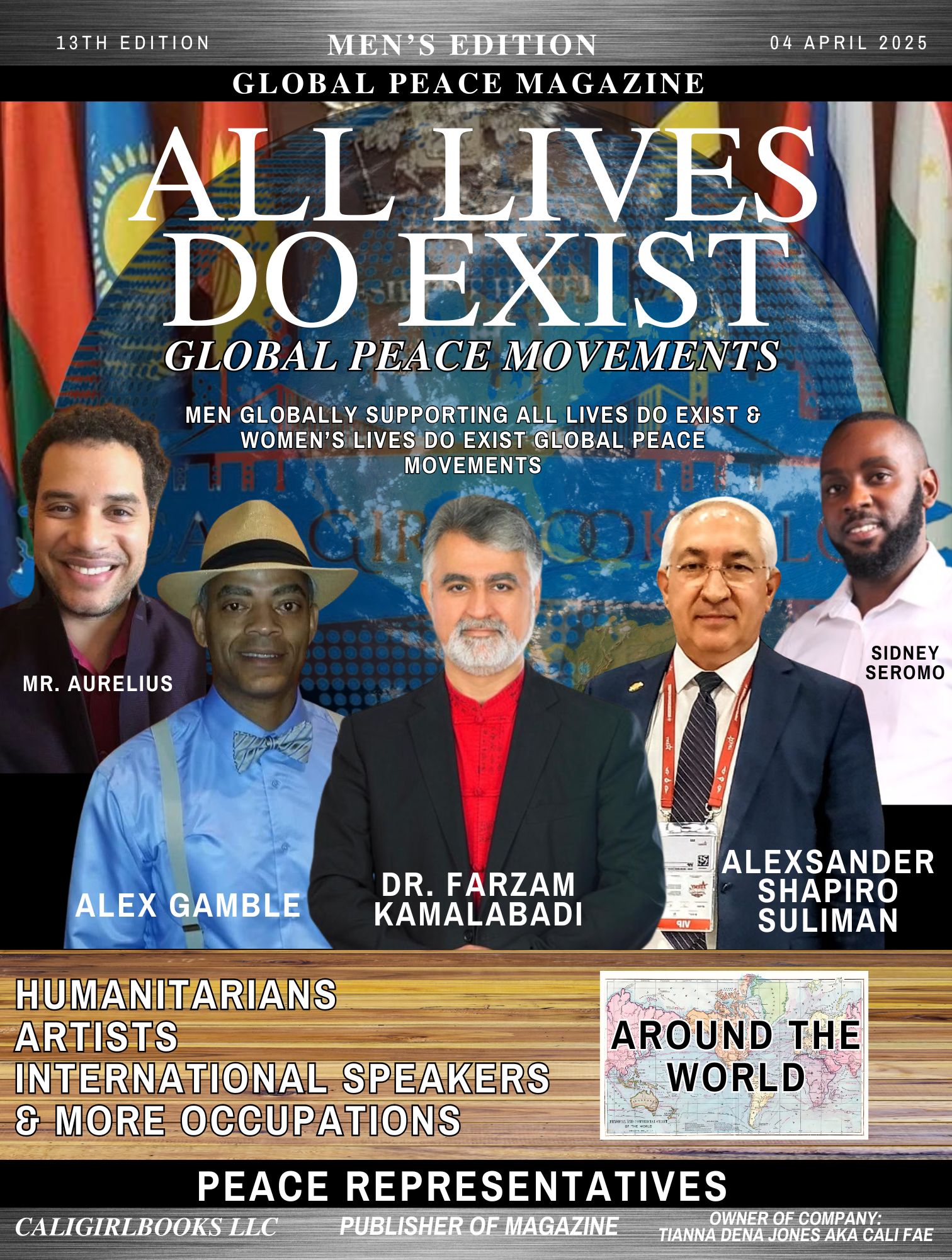 Cover of Global Peace Magazine with five men, colorful background, and text about global peace movements.
