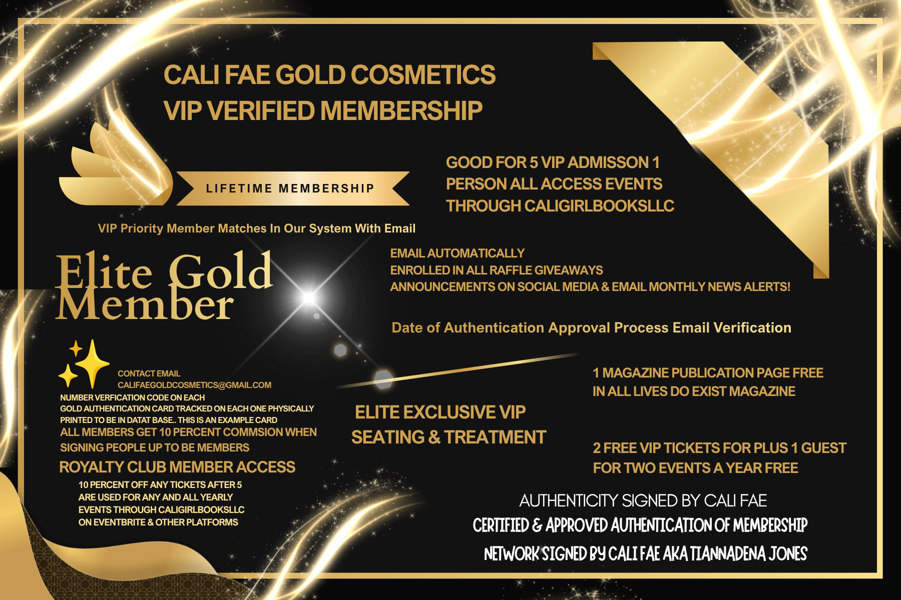Black and gold VIP membership card for Cali Fae Gold Cosmetics with gold accents and text, including member benefits and authentication details.