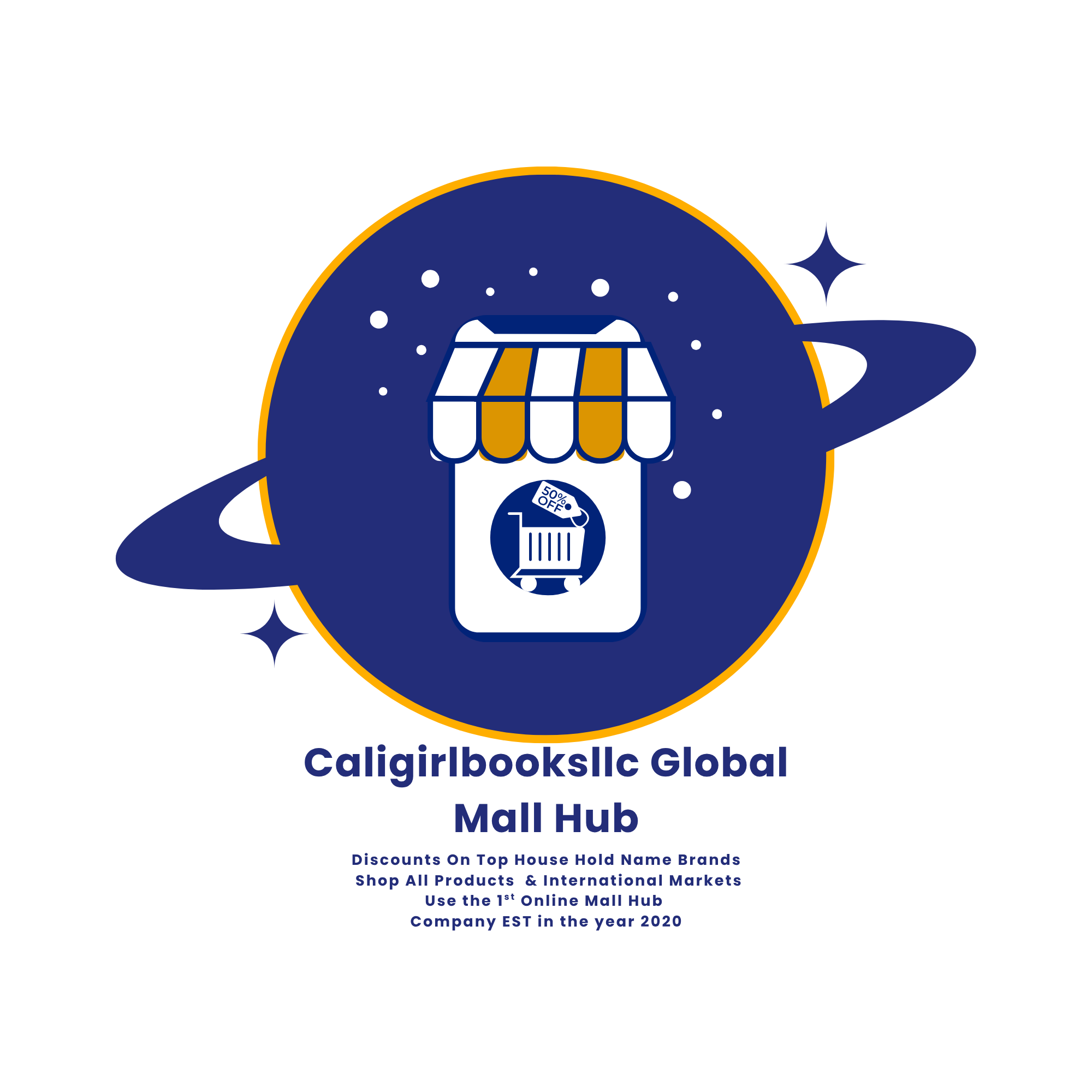 Logo with a jar featuring a bookstore icon, surrounded by a starry space theme, and text about Caligirlbooksllc.