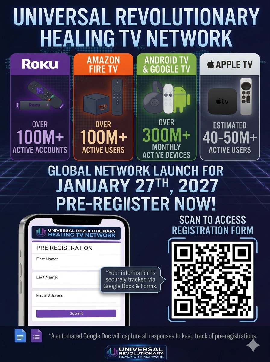 Text-based promotional poster for healing TV network, listing Roku, Amazon Fire TV, Android TV, Google TV, and Apple TV, with launch date and registration info.