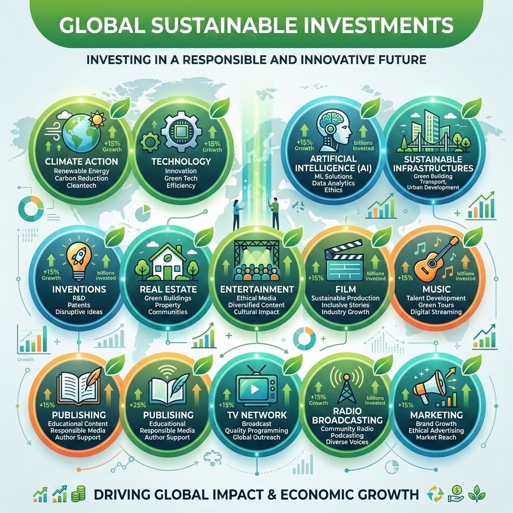 Infographic titled 'Global Sustainable Investments' with icons and text about climate action, technology, AI, infrastructure, investments, real estate, entertainment, film, music, publishing, TV, radio, and marketing, emphasizing responsible investment and economic growth.
