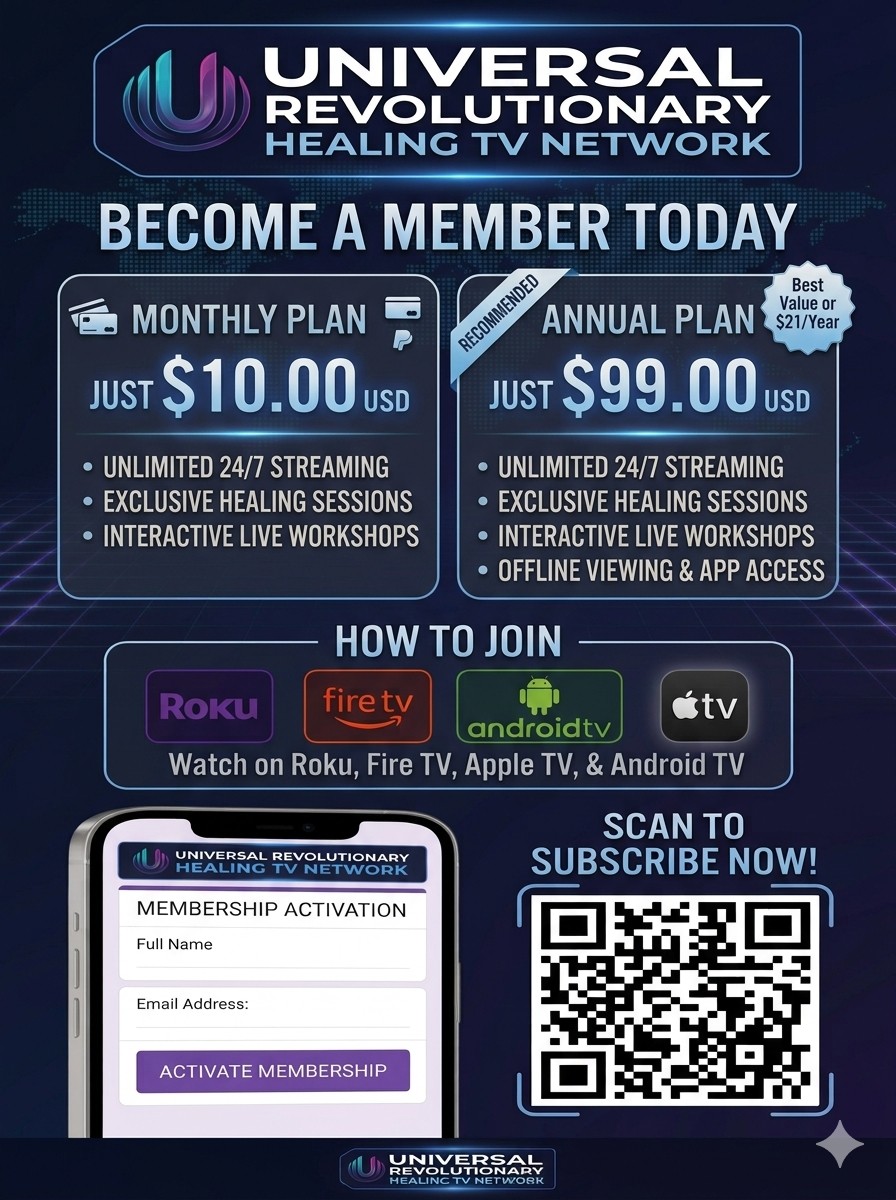 Advertisement for Universal Revolutionary Healing TV Network with membership plans, joining instructions, and a QR code.