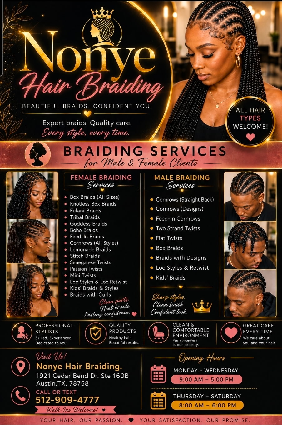 Business card for Nonye Hair Braiding featuring a woman with braided hair, contact details, and list of services offered.