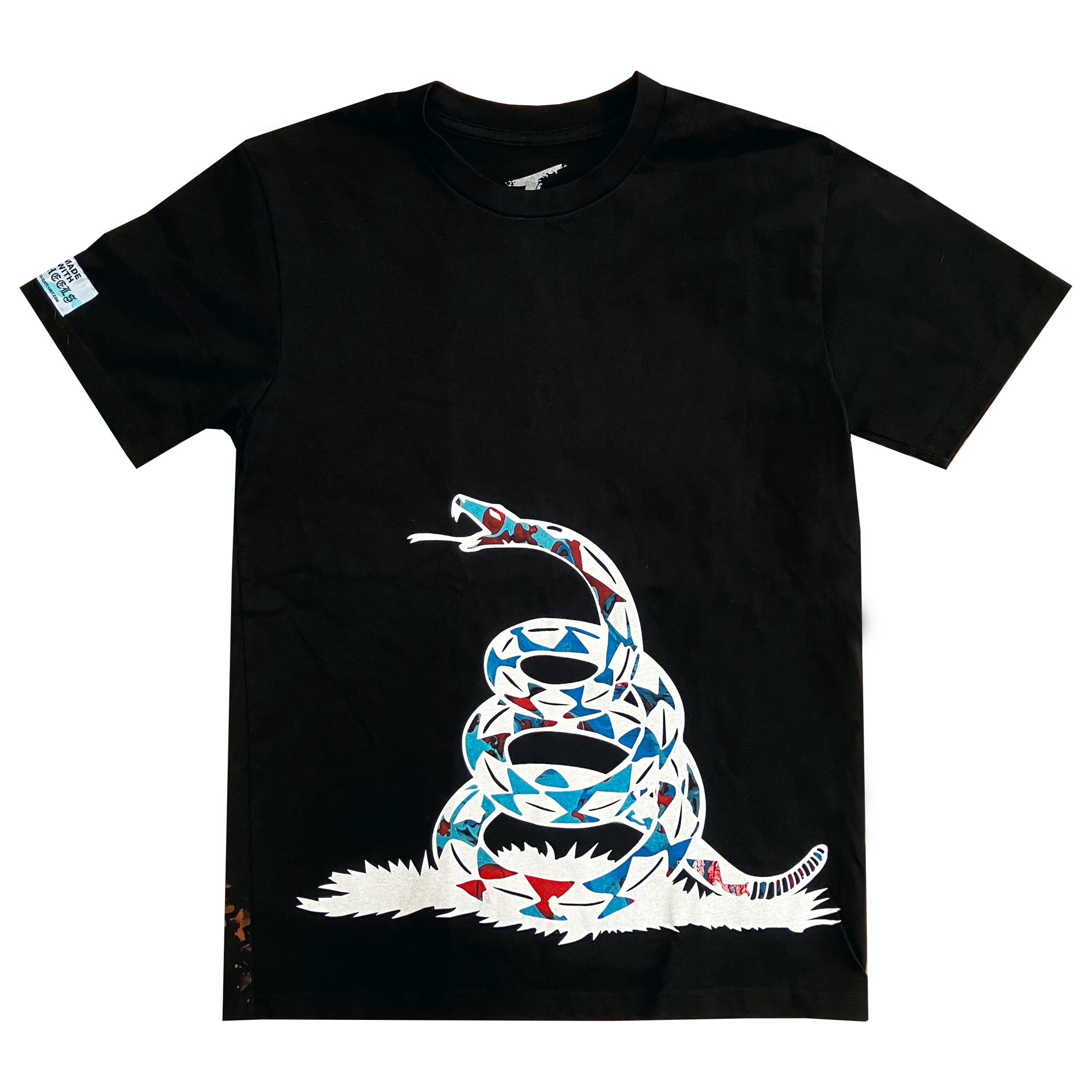 Black T-shirt with a colorful snake graphic on the front, coiled with its head raised. Small tag on sleeve. Word count: 20