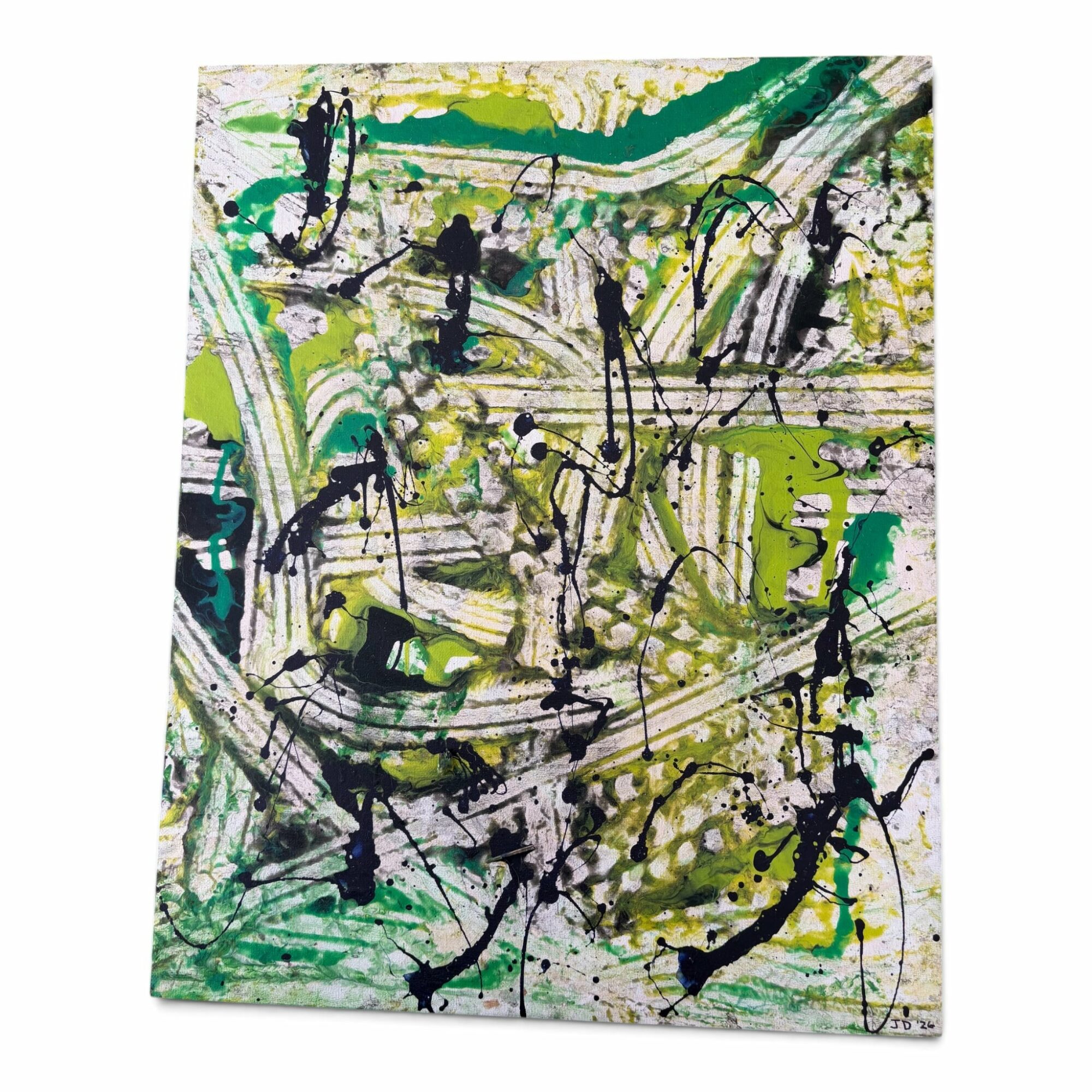 Abstract painting with green, black, and yellow splashes and lines on a white background.