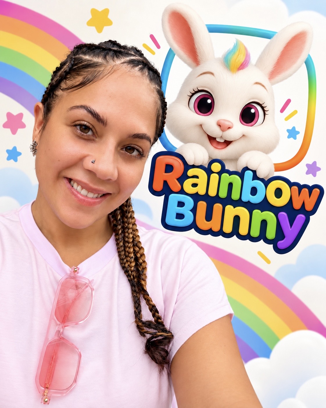 Young woman with braided hair smiling, pink sunglasses hanging from her shirt, colorful rainbow and rainbow bunny illustration in background.