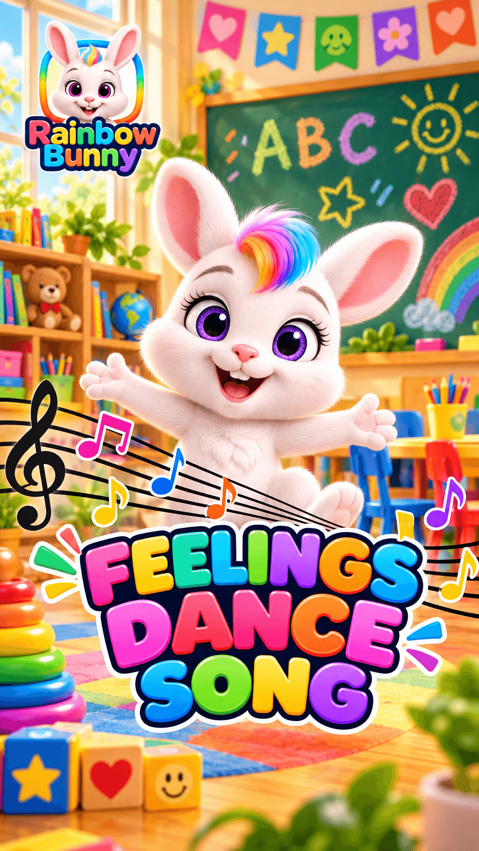 Colorful classroom with a cartoon bunny character, rainbow, ABC on chalkboard, and toys, celebrating a cheerful scene.
