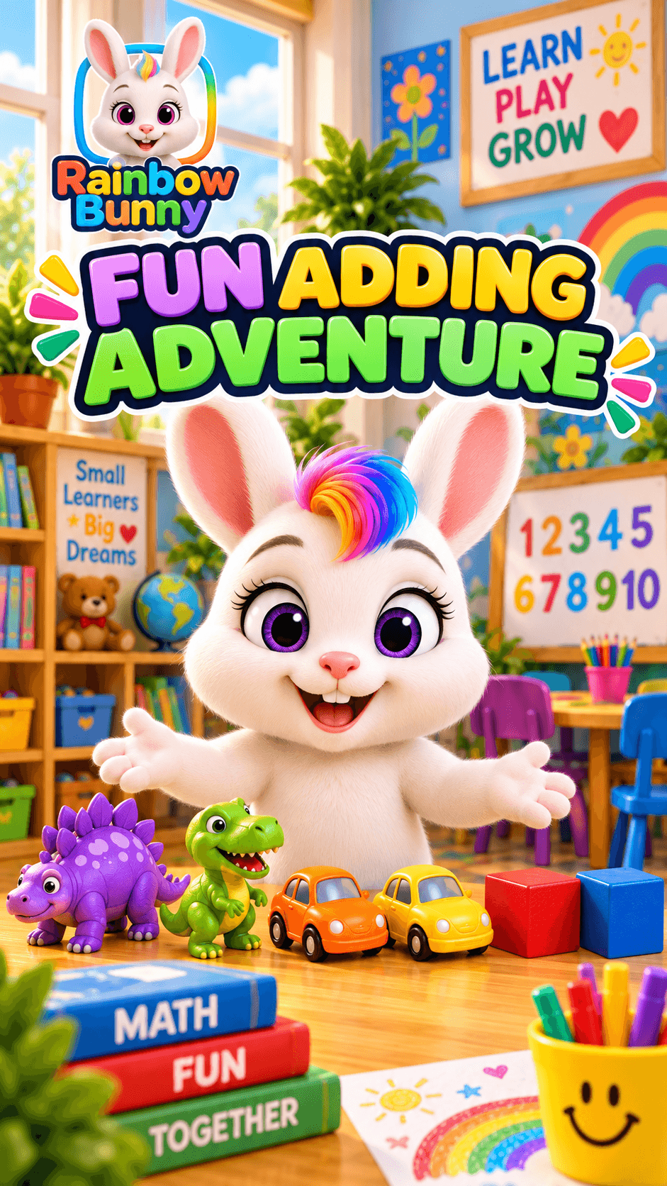 Colorful children's book cover with a cartoon bunny, rainbow, and toys in a classroom setting.
