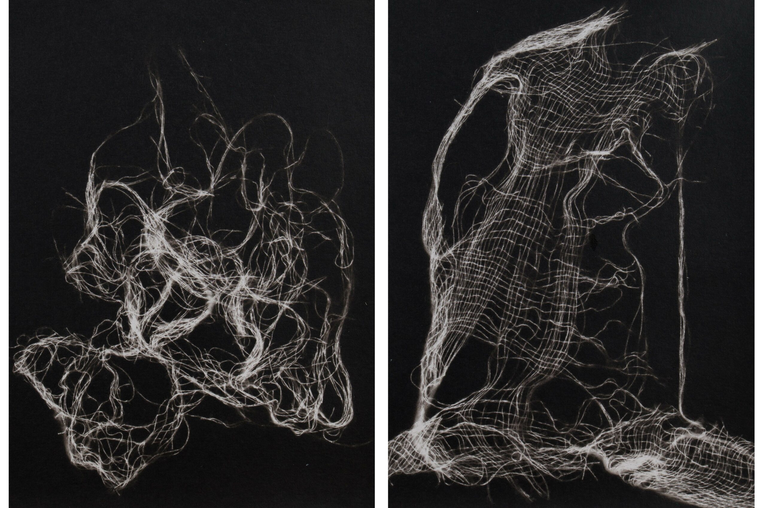 Two abstract wireframe sketches of human figures on black background, one with a head and torso, the other with a full body.