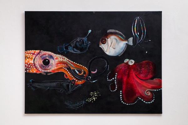 Painting of an octopus, fish, and a red squid against a black background, with detailed textures and colors.