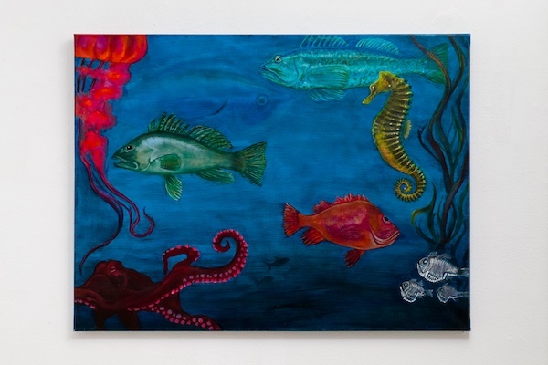 Colorful underwater scene with fish, a seahorse, an octopus, and seaweed, painted in vibrant colors.