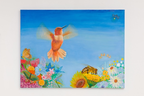 Painting of a hummingbird flying above colorful flowers against a blue sky background.
