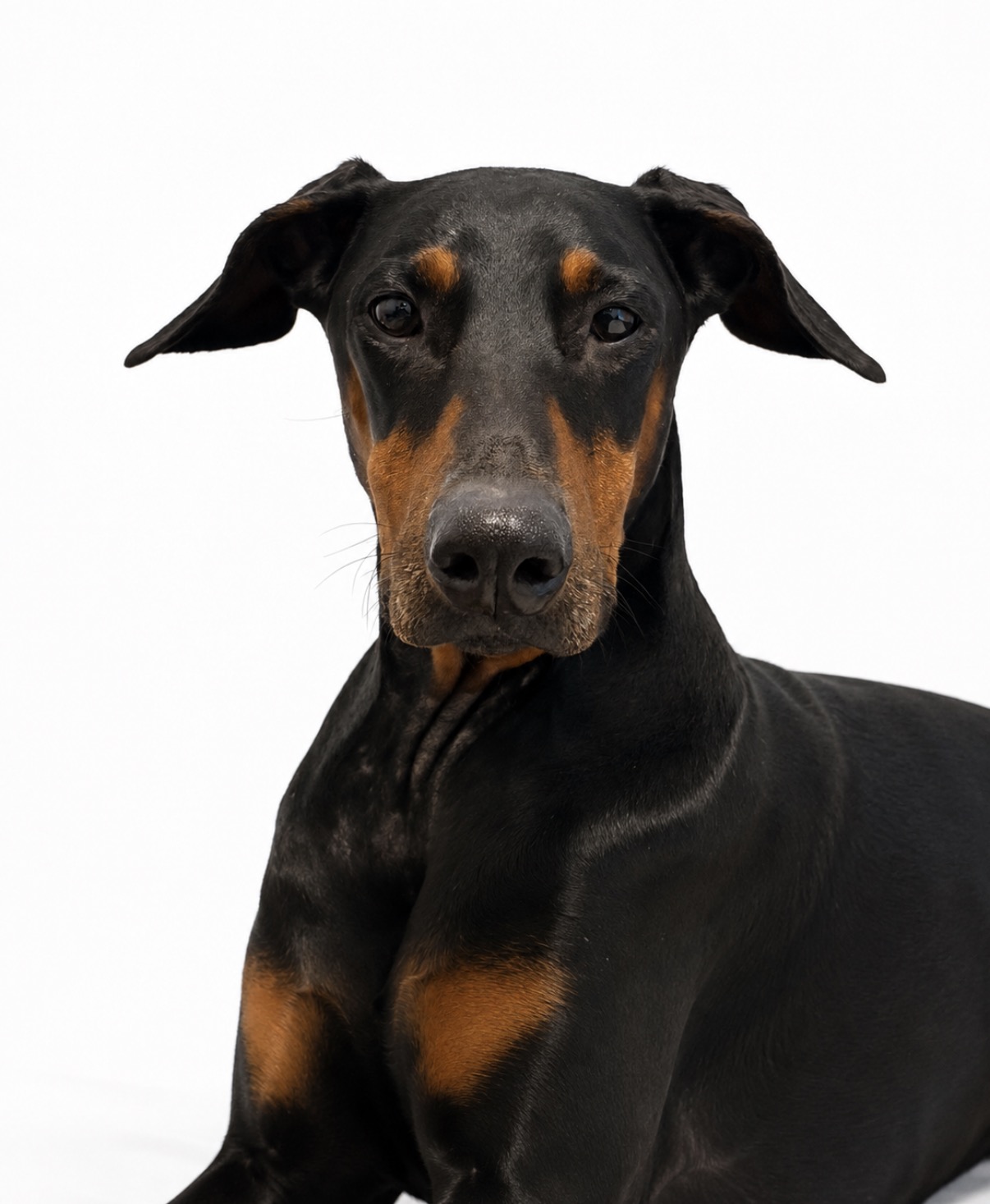 Black and tan dog with floppy ears and alert expression, facing forward, against a white background.