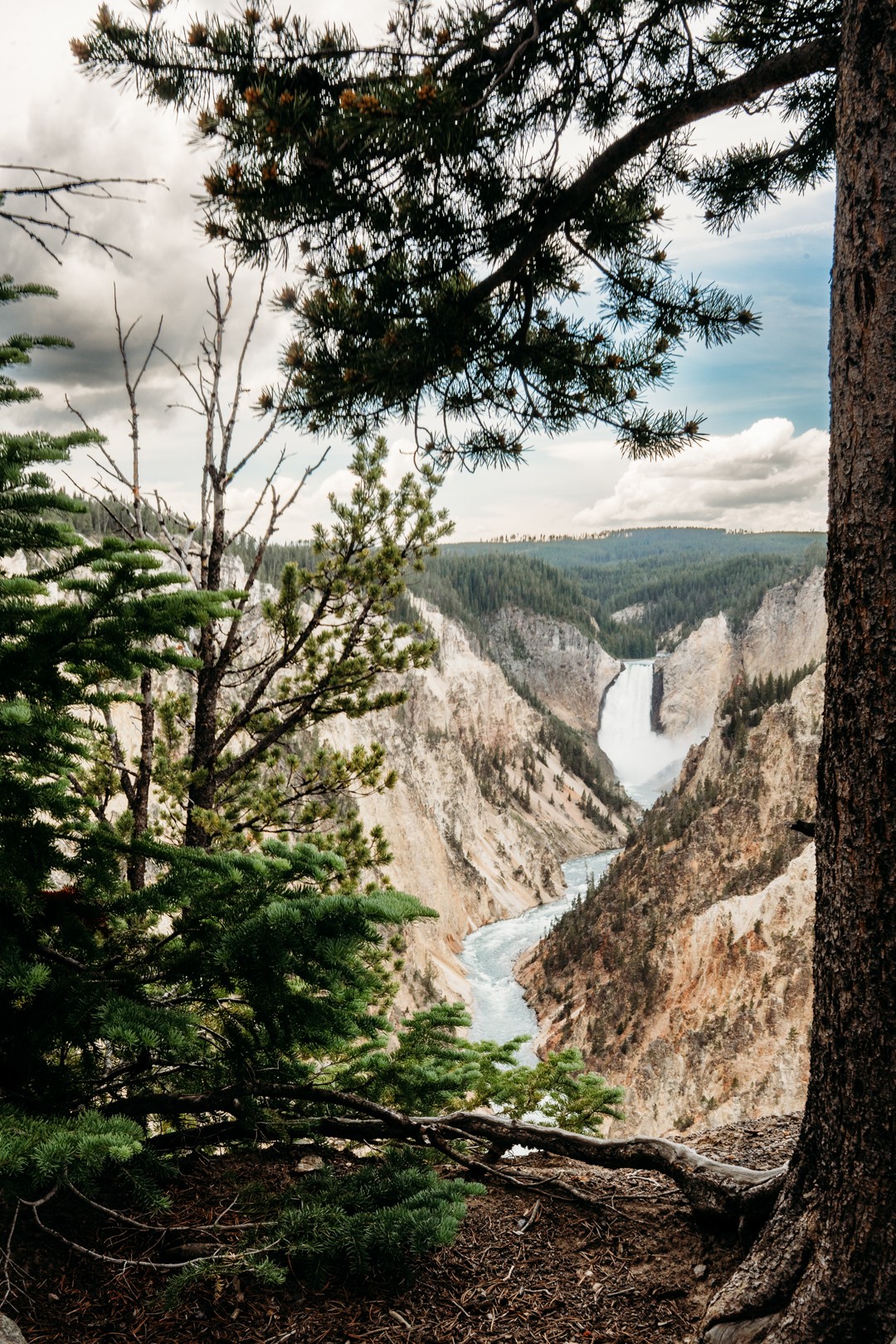 View of a waterfall through trees, with cliffs and a cloudy sky in the background.