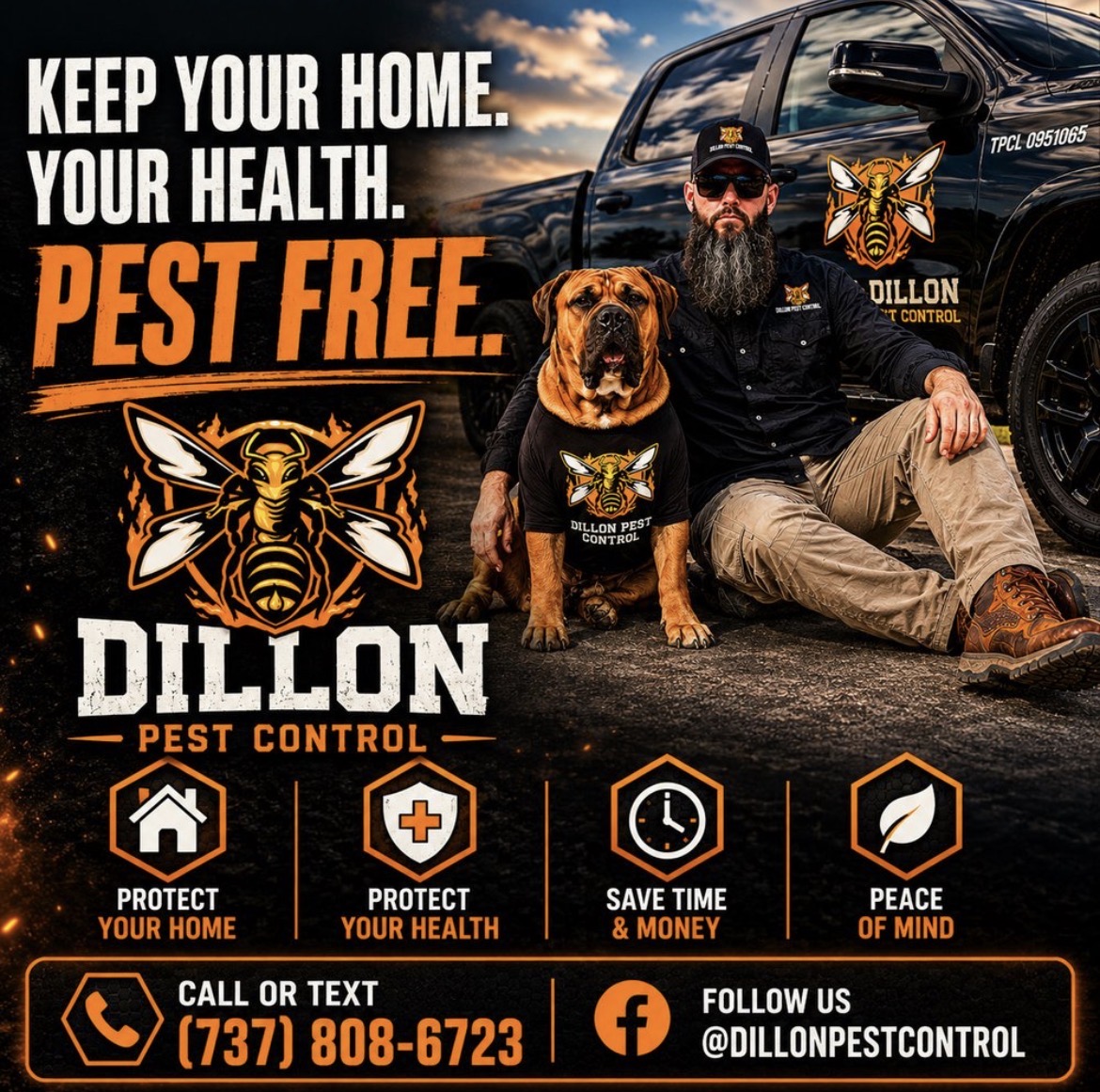 Man with a dog sitting next to a police vehicle, promotional poster for Dillon Pest Control with text and icons.