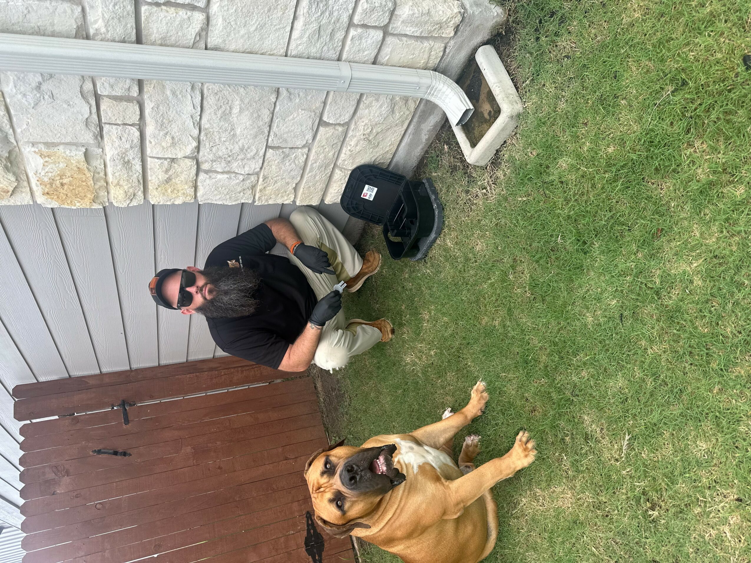 Person sitting on grass with a dog lying nearby, house wall and door in background.