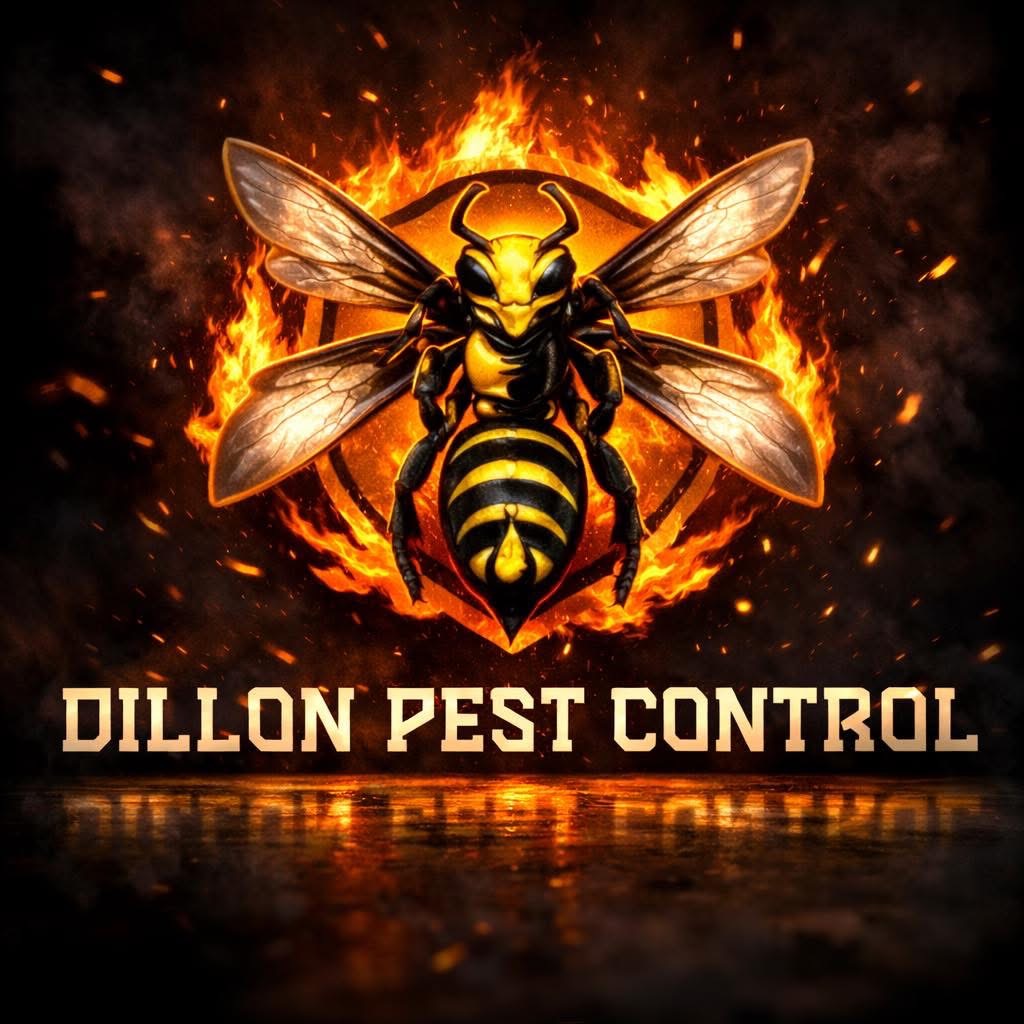 A large bee with detailed wings and black and yellow stripes, in front of a fiery background with the text 'DILLON PEST CONTROL'.