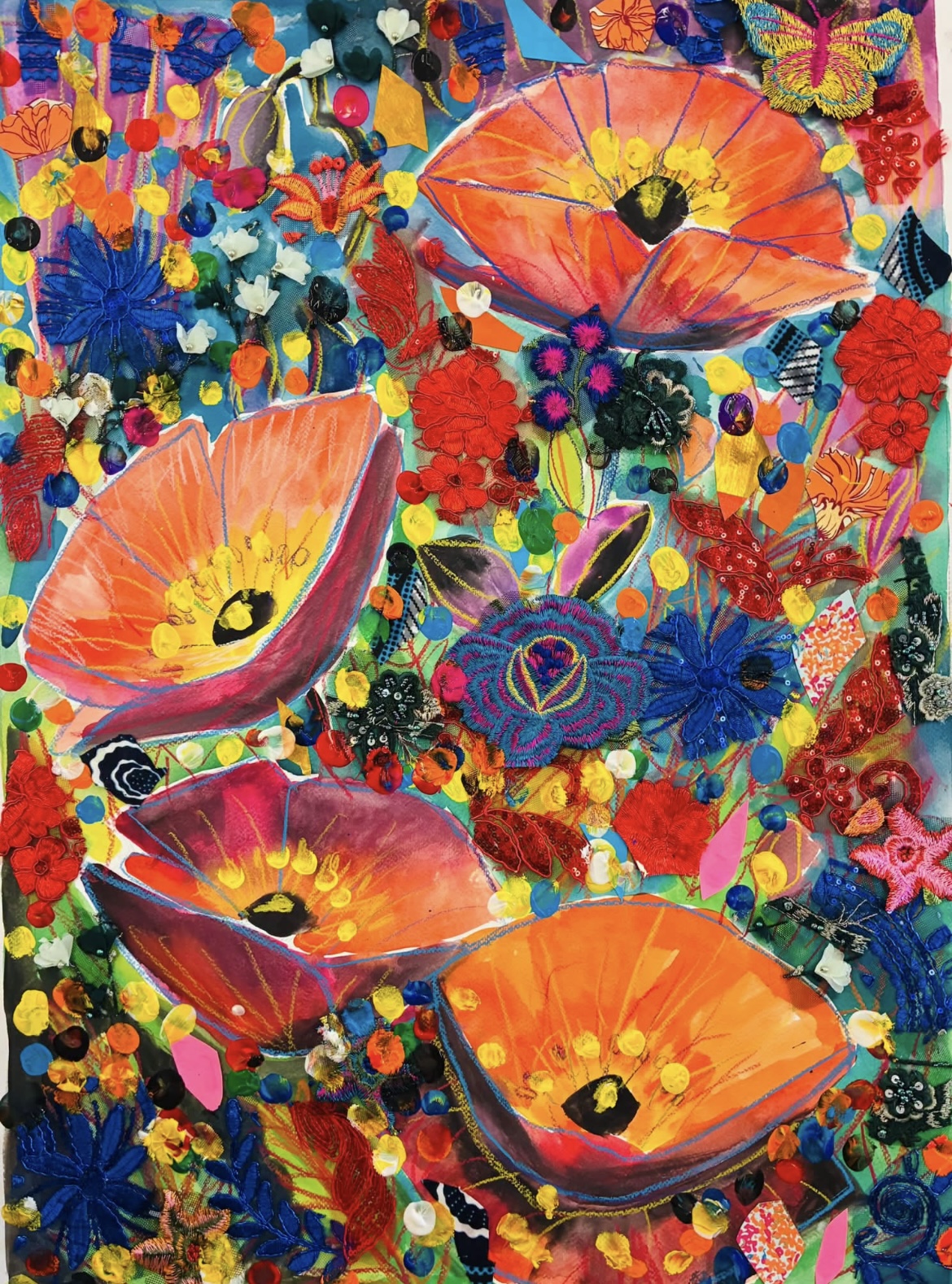 Colorful abstract painting with large orange and red flowers, surrounded by various smaller flowers and vibrant patterns.