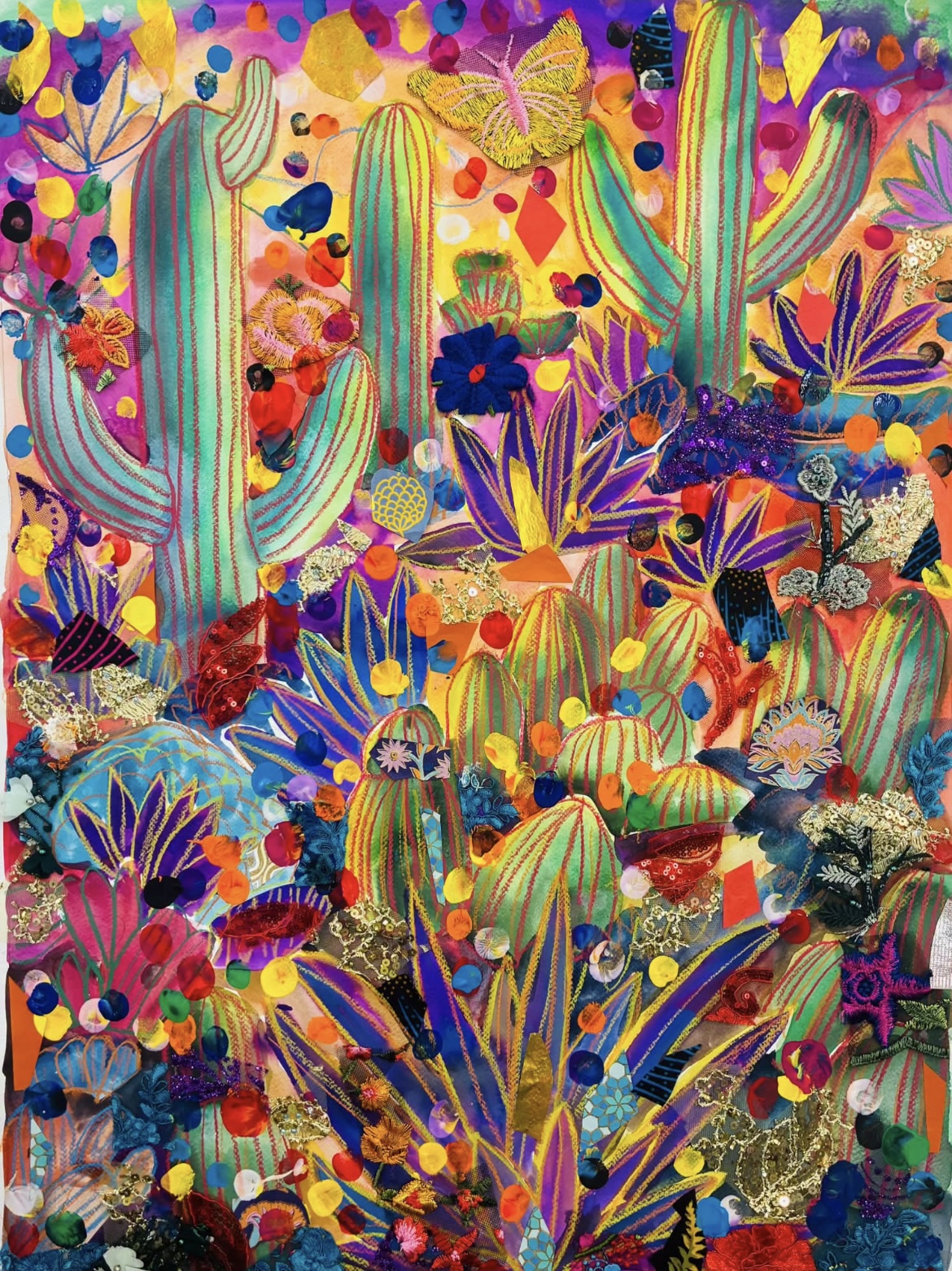 Colorful desert scene with cacti, flowers, butterflies, and abstract shapes in vibrant hues.
