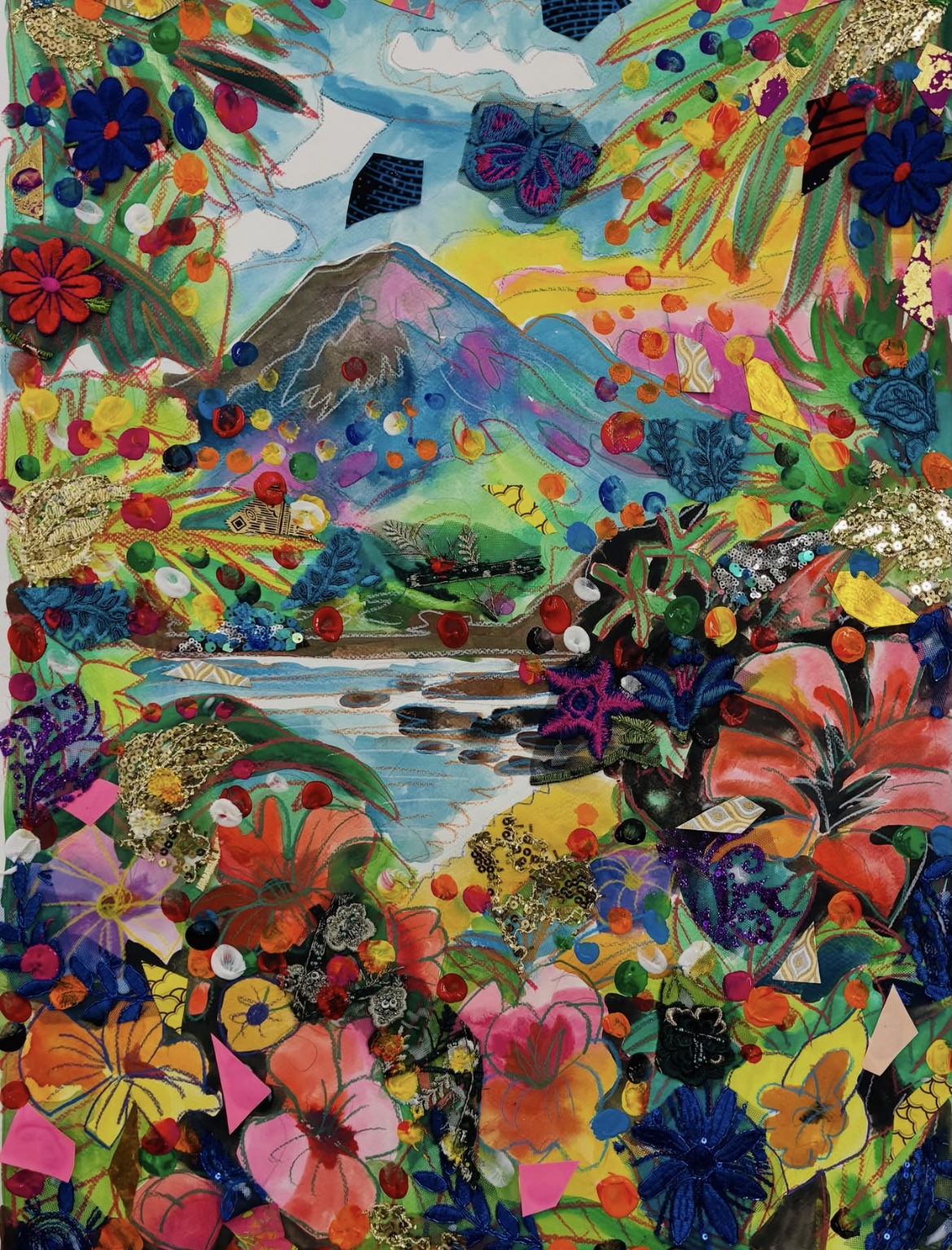 Colorful landscape with mountains, river, and vibrant flowers and butterflies in foreground.