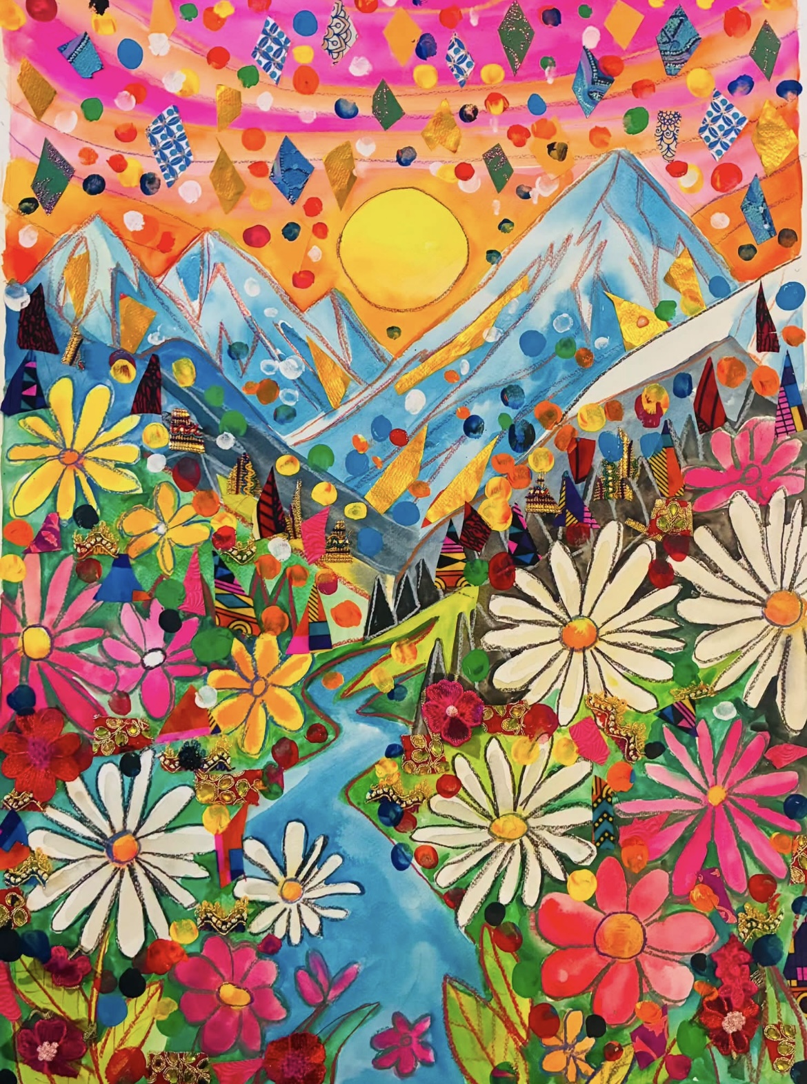 Colorful landscape with mountains, a river, flowers, and a bright yellow sun in a vibrant, whimsical style.