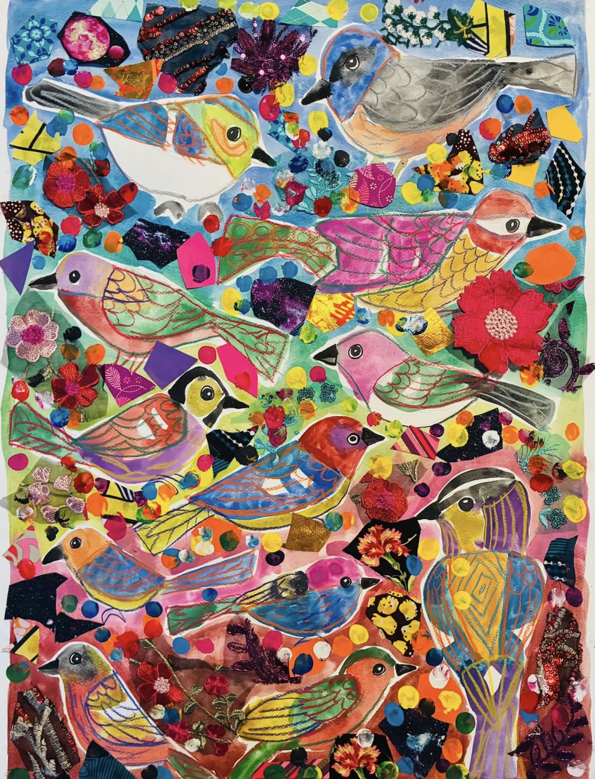 Colorful collage of various birds with vibrant flowers and abstract patterns in the background.