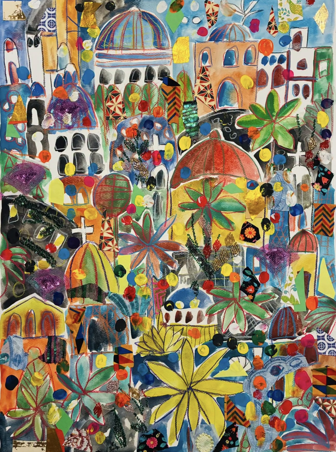 Colorful cityscape with domed buildings, umbrellas, and large flowers, featuring vibrant colors and abstract shapes.