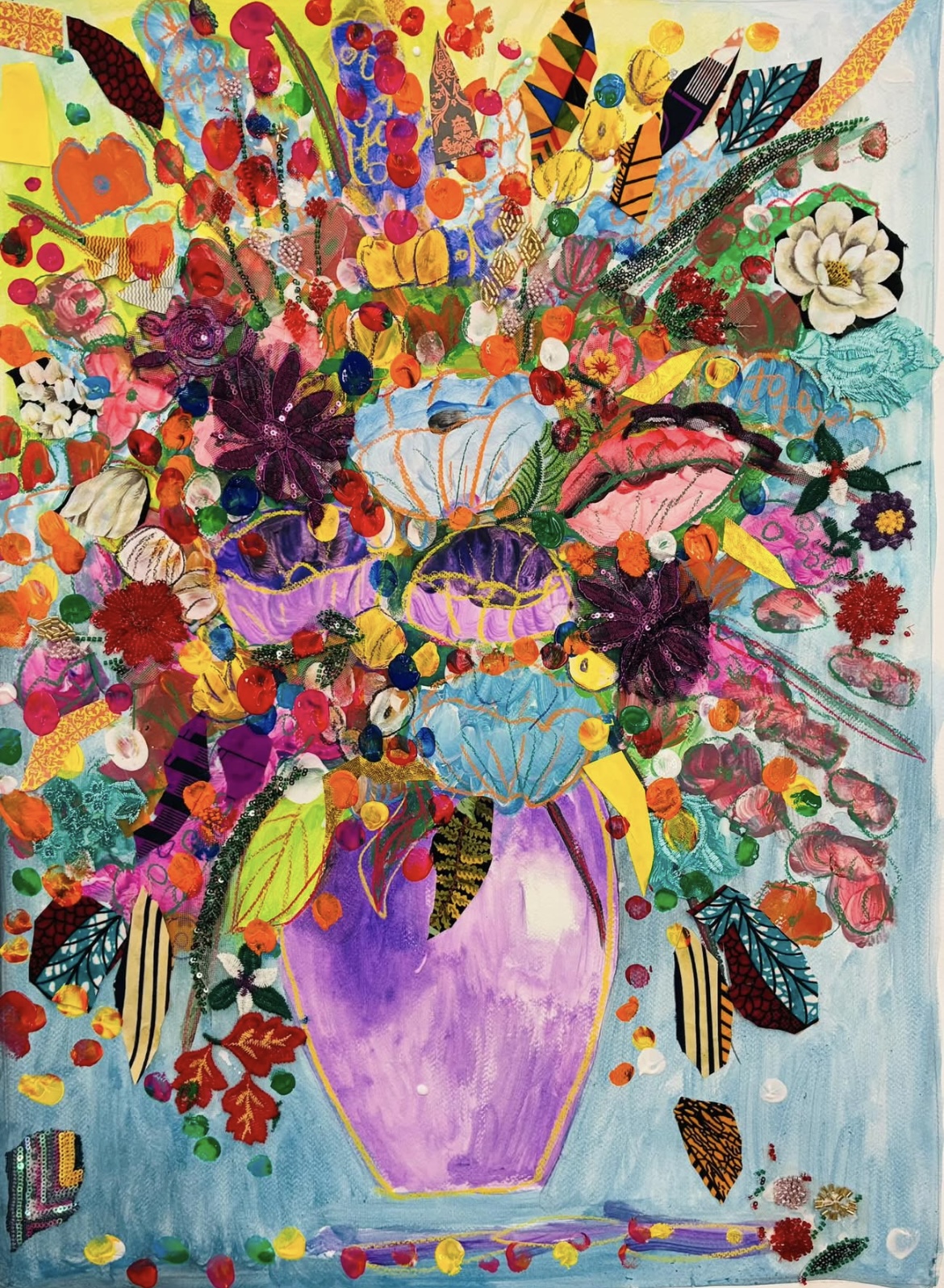 Colorful abstract painting of a flower bouquet in a purple vase with various vibrant flowers and leaves.