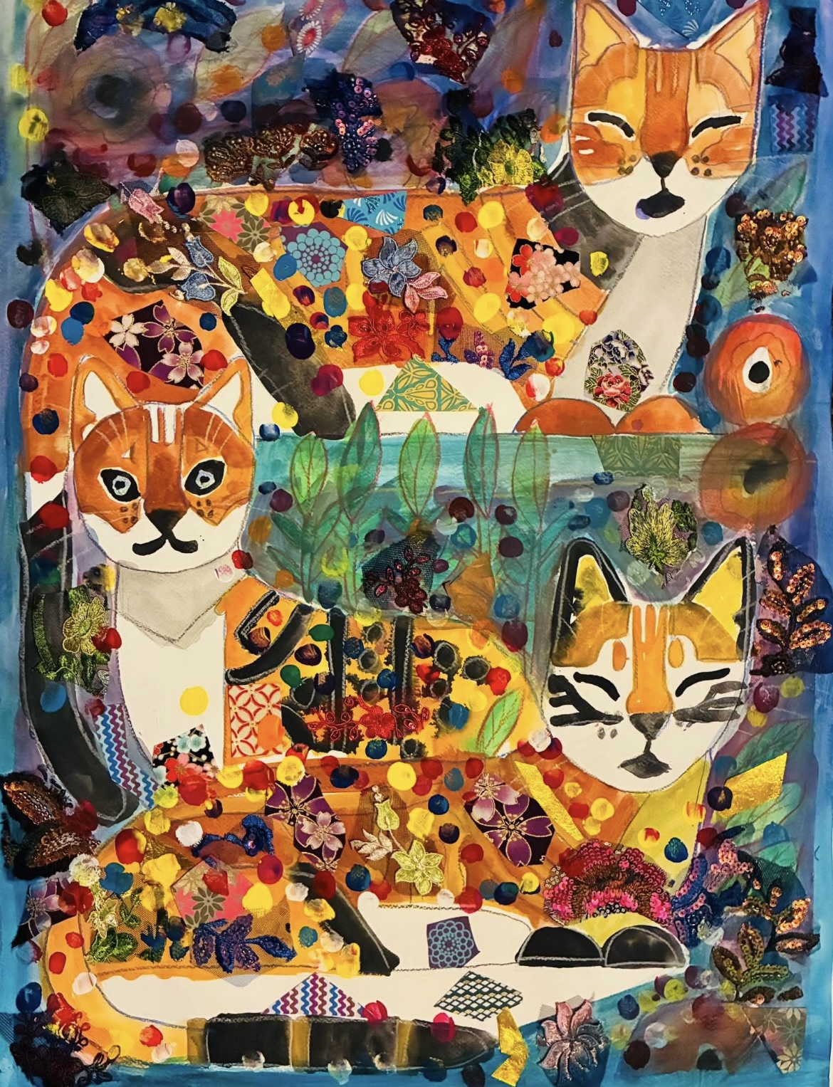 Colorful painting of three cats surrounded by vibrant flowers and abstract shapes, with a mix of bright and dark colors.