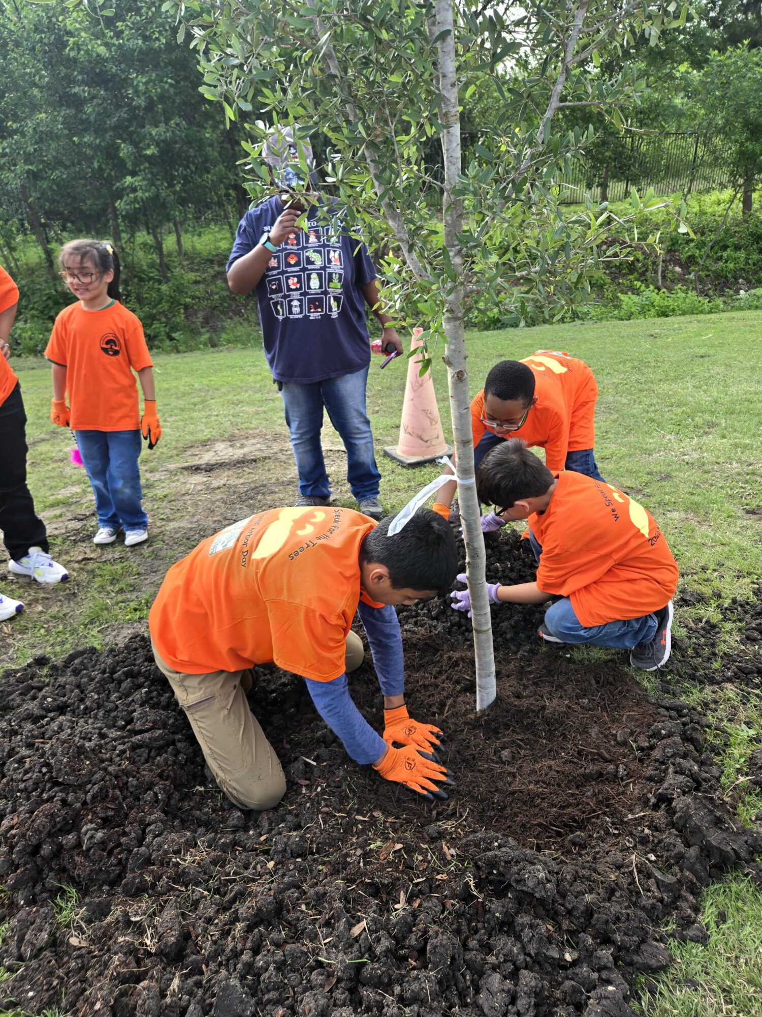 People planting a tree in a park with children and adults, some in orange shirts, soil, and greenery in background.