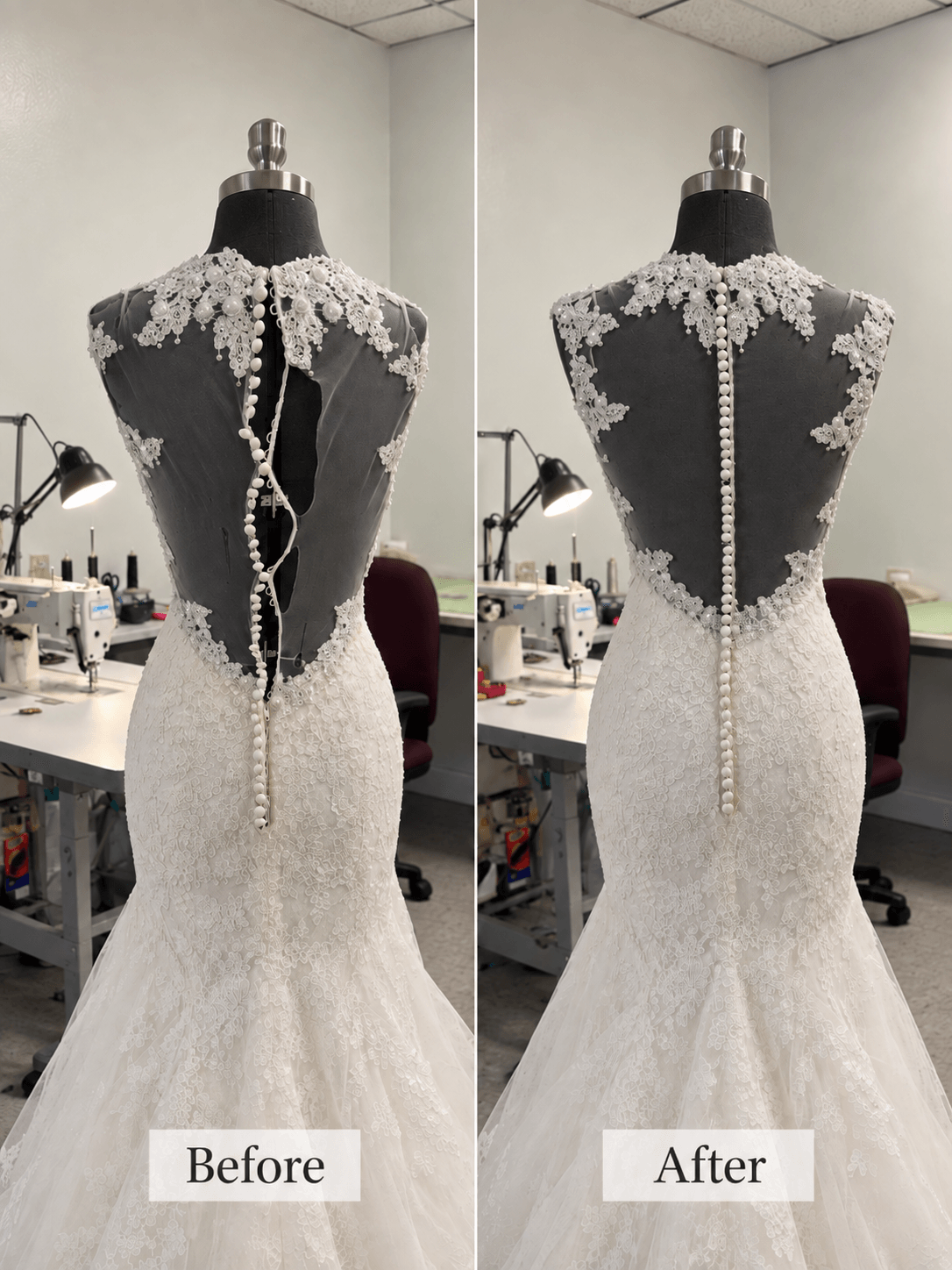 Wedding dress on mannequin, front view, lace and bead details, in a room with sewing supplies, before and after adjustments.