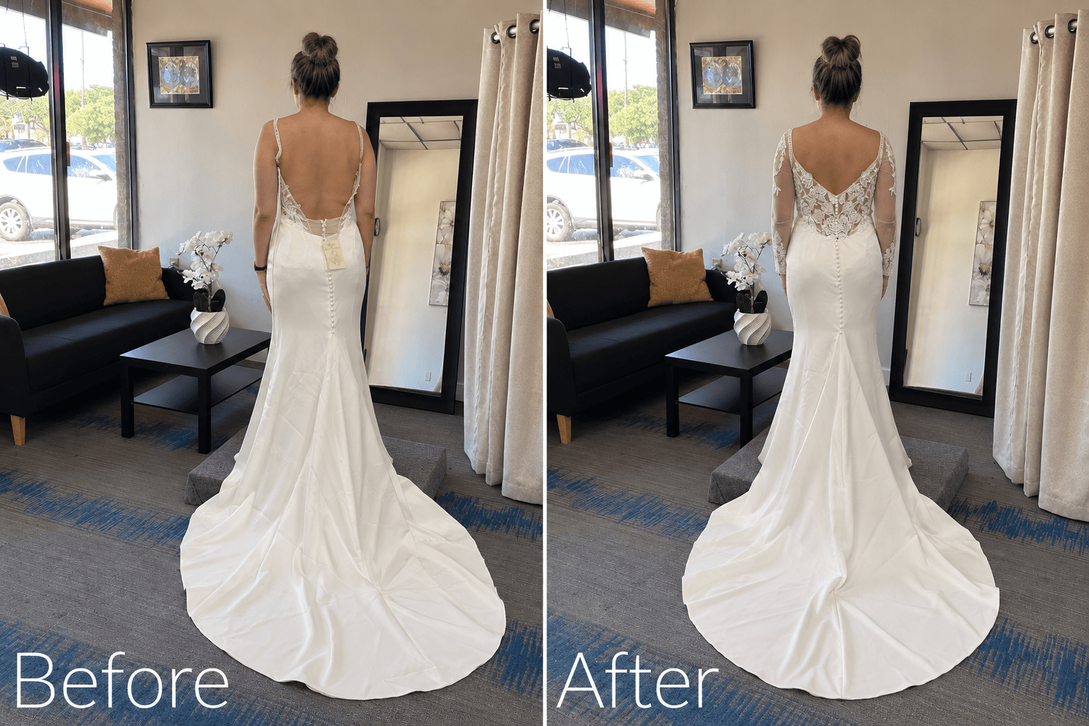 Woman in wedding dress with lace top and long train, standing in a living room, before and after adjustment.