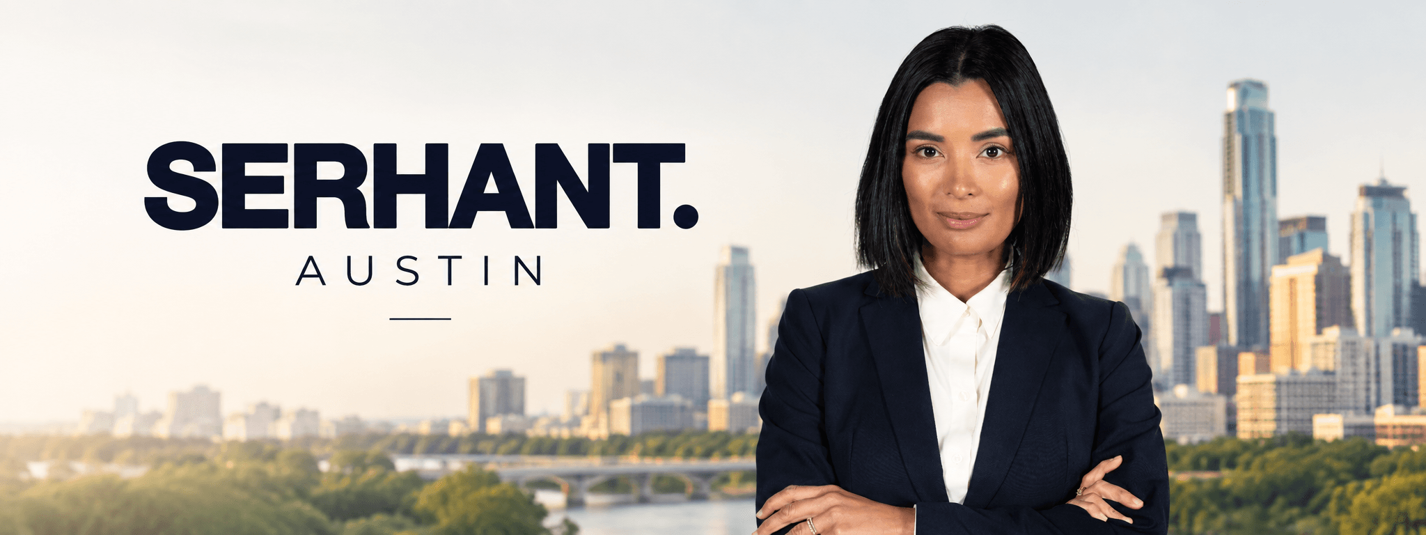 Woman in business attire standing with city skyline in background, text reads 'SERHANT. AUSTIN'.