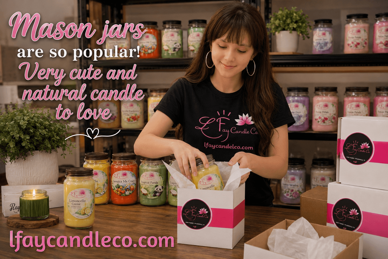 Woman packaging candles at a store with shelves of candles behind her, pink and black text overlay, website URL at bottom.