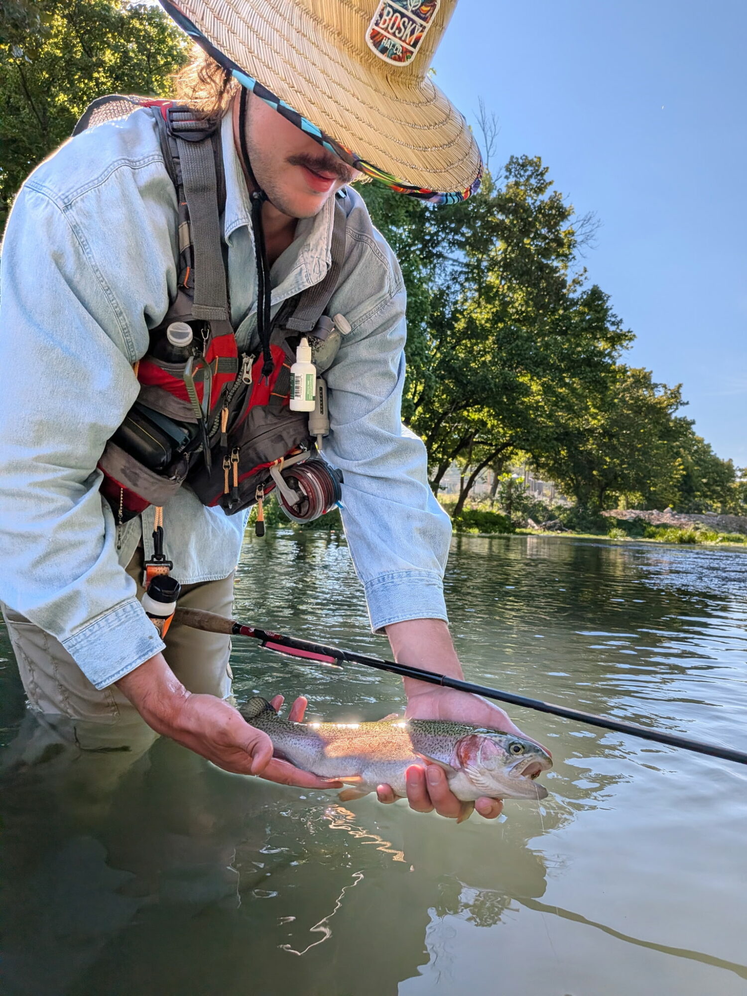 Person wearing a large straw hat and fishing gear holds a fish over water with trees in the background.