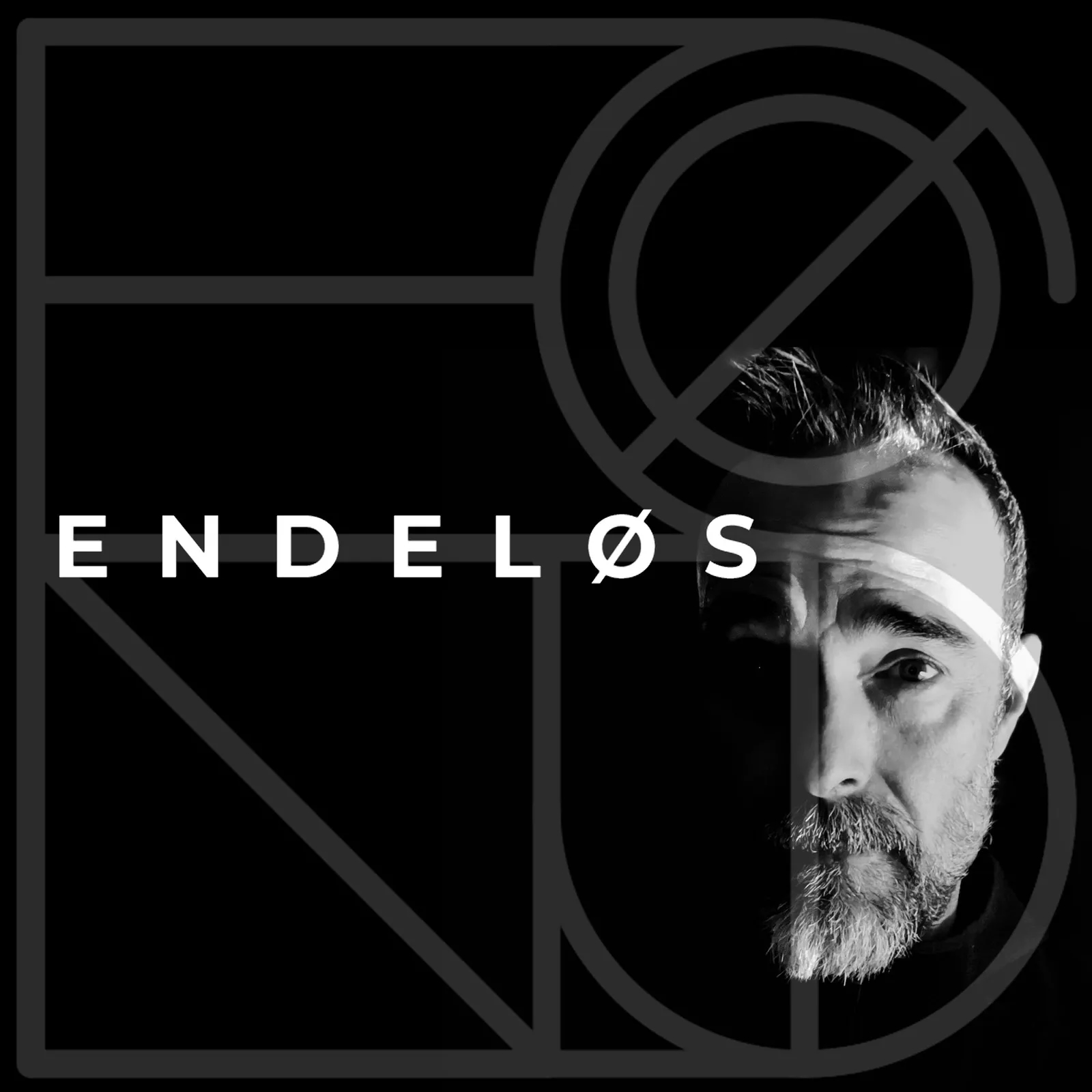 Partial face of a man with a beard and short hair, with geometric background and the word 'ENDELØS' in white.