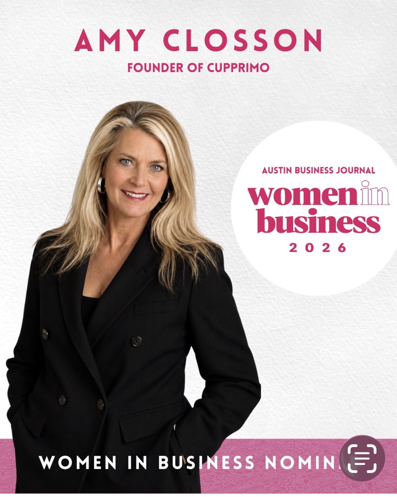 Portrait of Amy Closson, smiling woman with blonde hair, wearing a black blazer, on a white background with pink text.