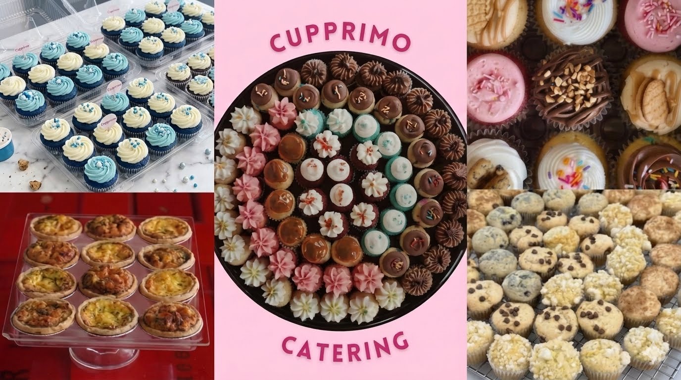 Assorted cupcakes and chocolates displayed on trays and a cake with a circular arrangement of small flowers, celebrating a birthday.