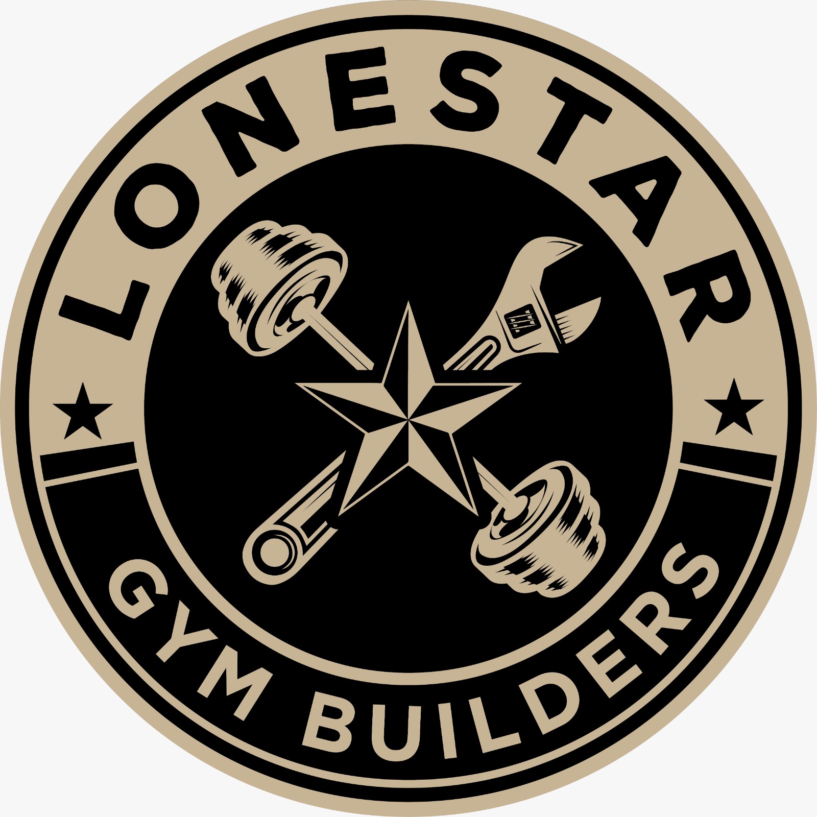 Circular logo with a star, a wrench, a screwdriver, and a drill, with text 'LONESTAR GYM BUILDERS' around the edge.