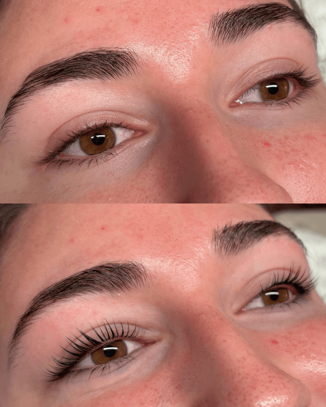 Close-up of a person's eyes before and after applying mascara, showing enhanced eyelashes in the second image.