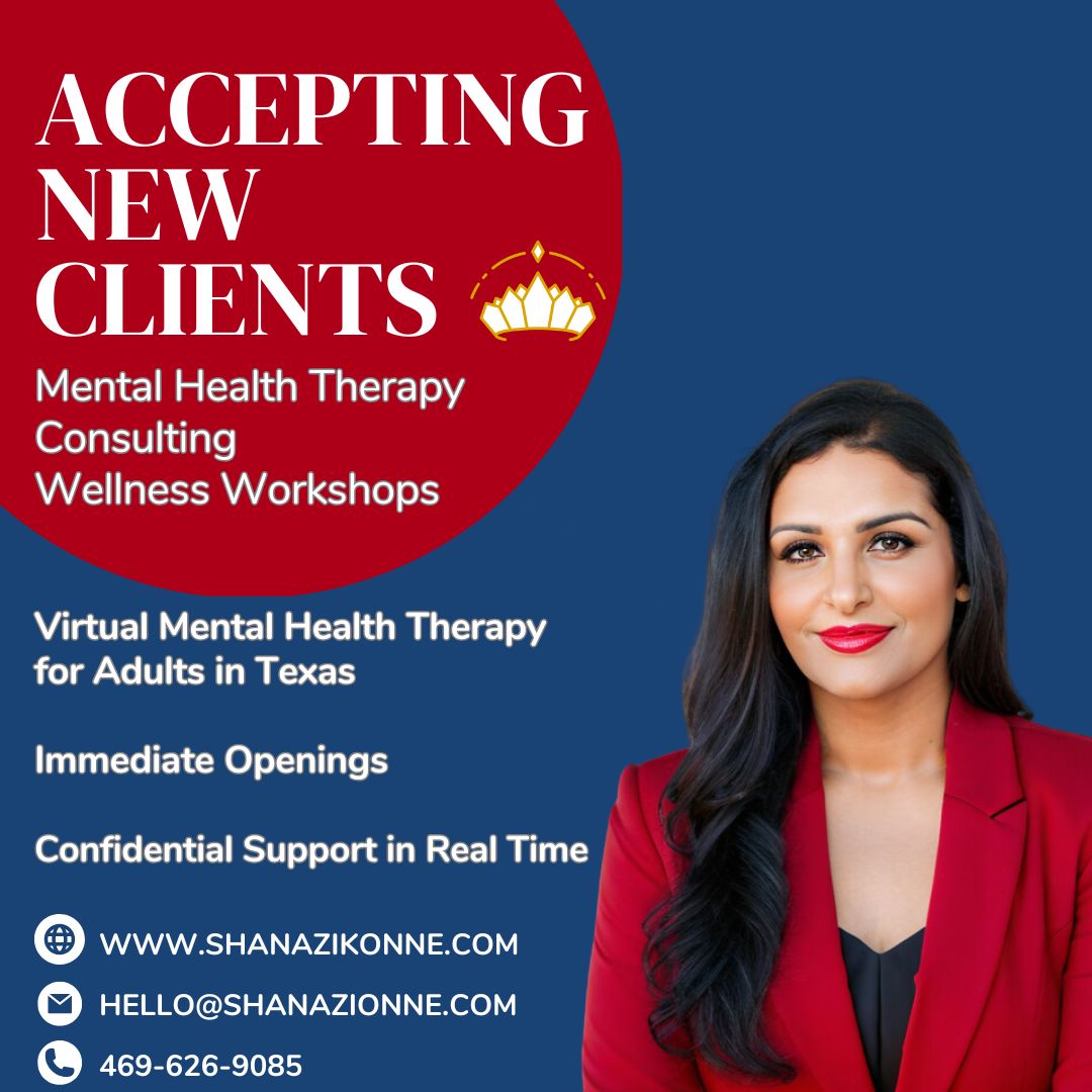 Woman with long dark hair wearing a red blazer, smiling, against a blue background with promotional text for mental health services.