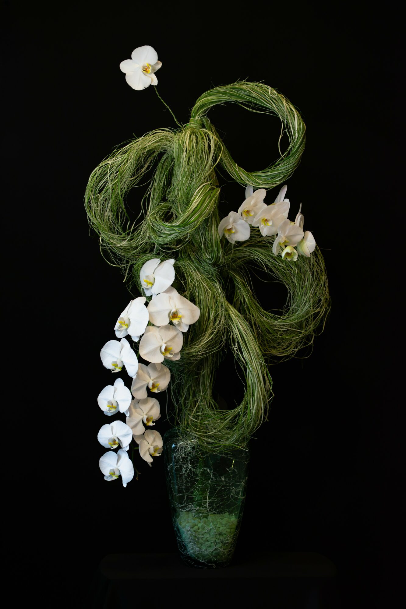 Green hair styled with white flowers in a glass vase against a black background.